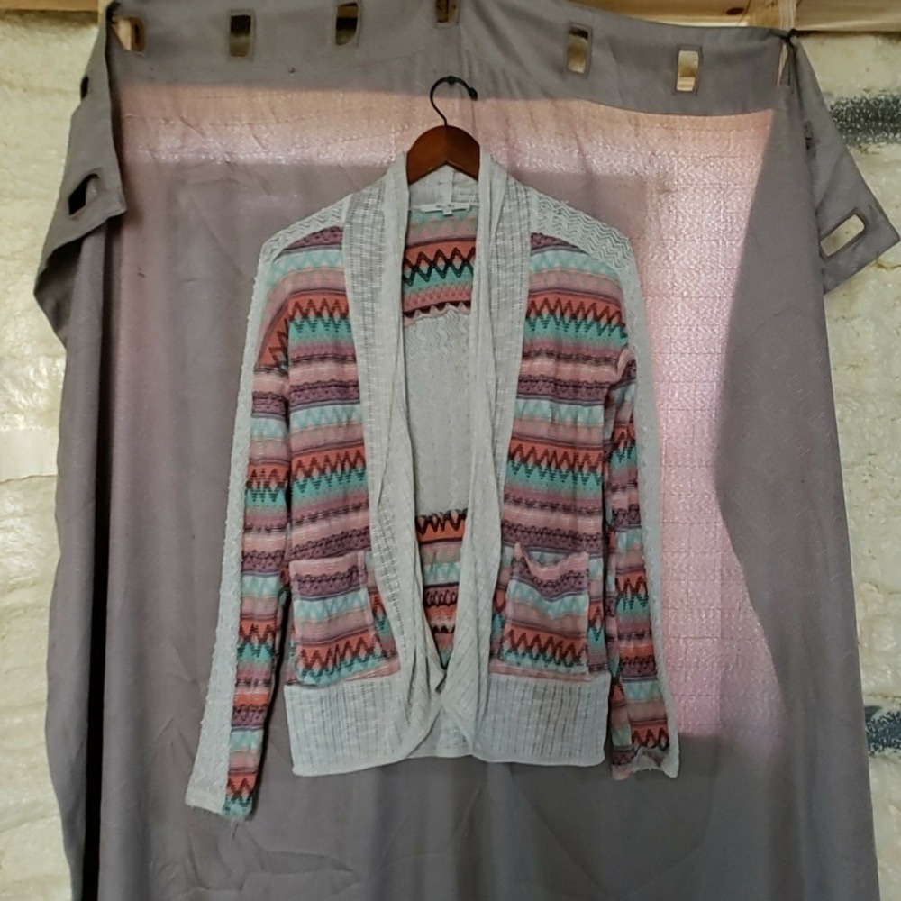 Miss Me Cardigan Sweater Womens Small Aztec Striped Open Front Long Sleeve Knit